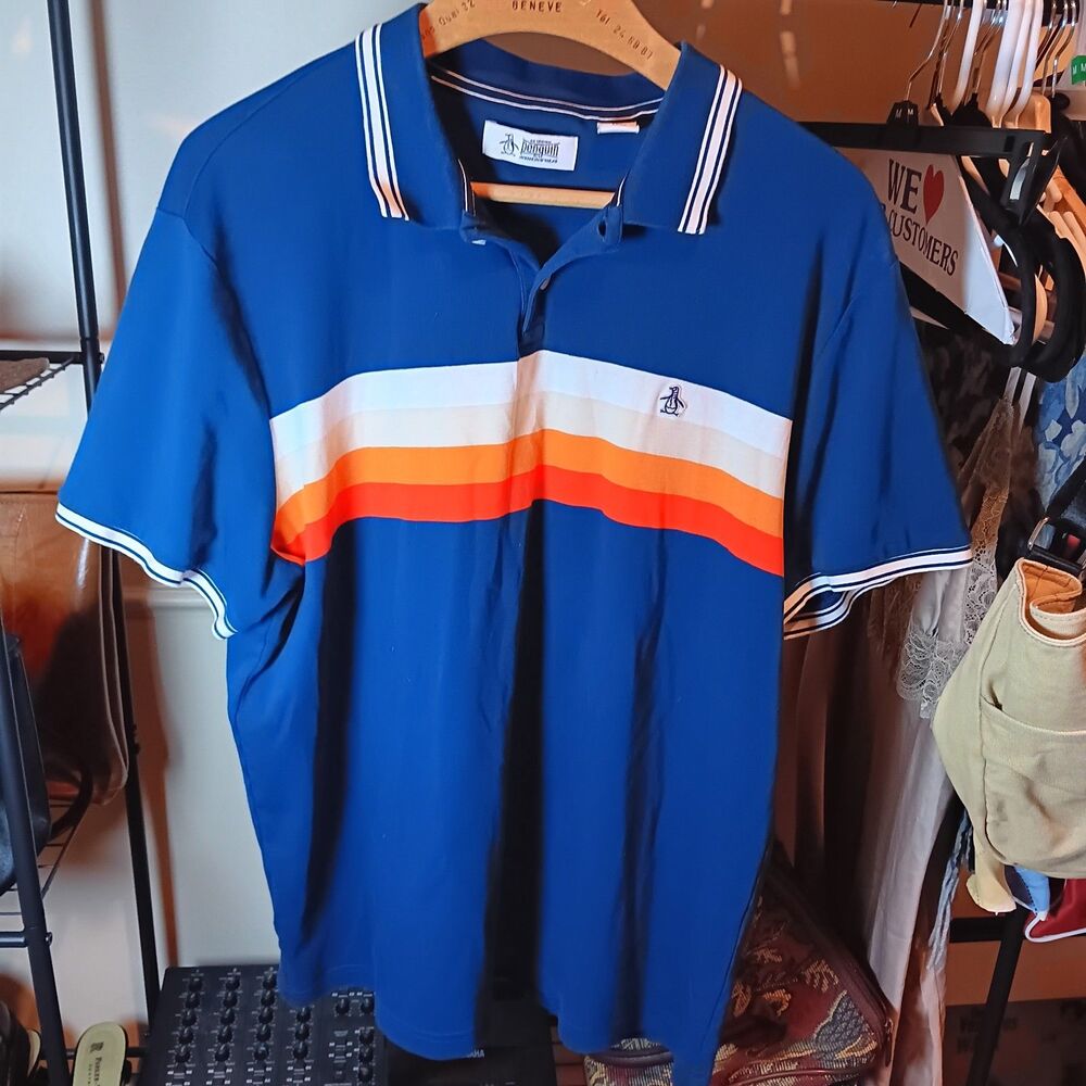 Original Penguin Logo Polo Shirt Short Sleeve Stripe Retro Cotton Sporty Sz XL